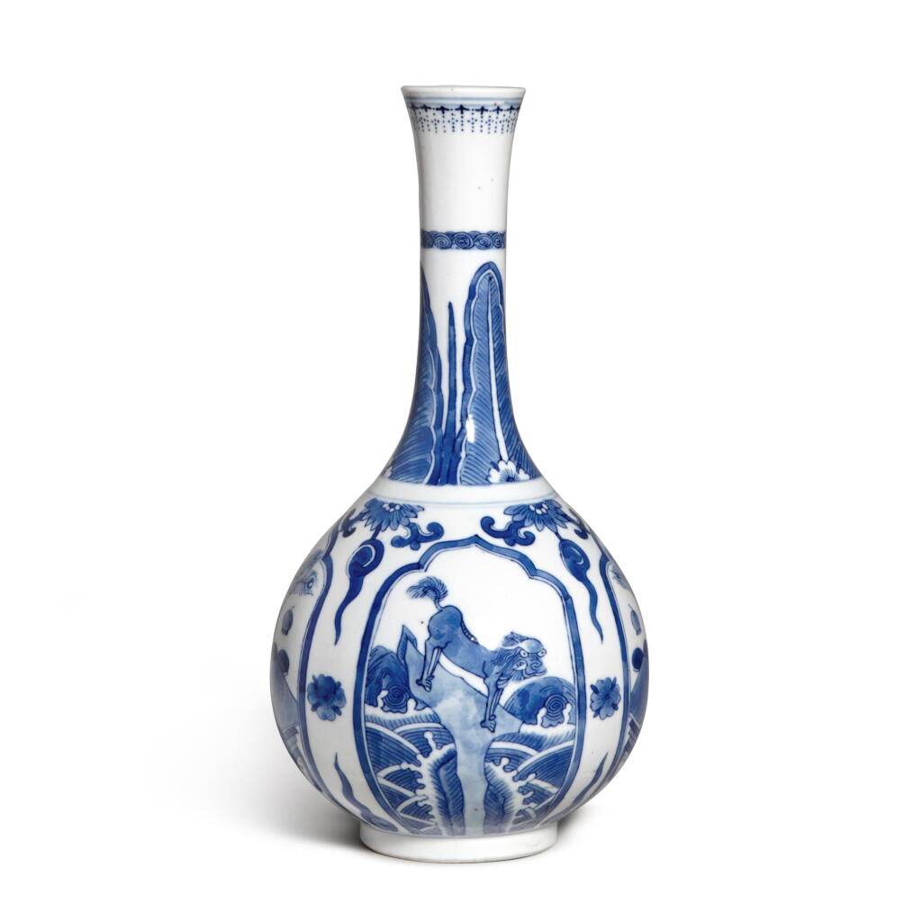 View full screen - View 1 of Lot 994. A blue and white 'mythical beast' vase, Qing dynasty, 19th century | 清十九世紀 青花開光瑞獸博古圖長頸瓶 《大清康熙年製》仿款.