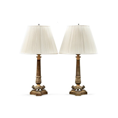 View full screen - View 1 of Lot 572. A Pair of Louis-Phillippe Gilt and Patinated Bronze Lamps, 19th Century.