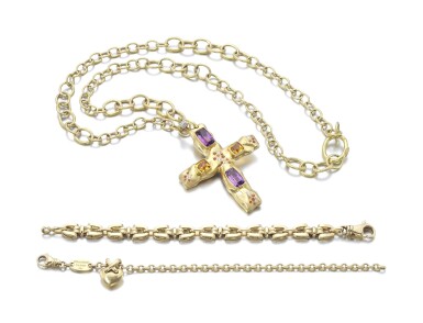 View full screen - View 1 of Lot 148. GOLD BRACELET, CHAUMET, A GEM SET AND DIAMOND PENDANT AND A GOLD BRACELET.