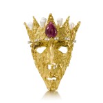 Ruby, Pearl, Diamond Mask Brooch