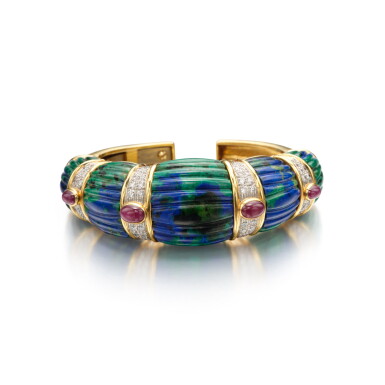 View full screen - View 1 of Lot 36. Azurmalachite, Ruby and Diamond Cuff-Bracelet.