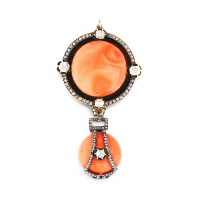 View full screen - View 1 of Lot 302. Broche-pendentif corail et diamants | Coral and diamond brooch-pendant.