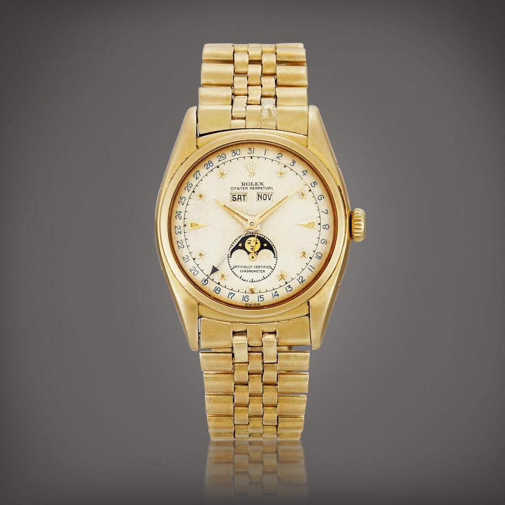 Voir en plein écran - Voir 1 du lot 2279. Reference 6062, 'The Nishiki Star' | A fresh to the market yellow gold triple calendar wristwatch with moon phases, Circa 1953 | 勞力士 | 型號6062 'THE NISHIKI STAR' | 市場首見黃金全日曆腕錶,備月相顯示,約1953年製.