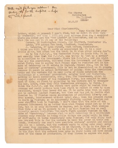 View full screen - View 1 of Lot 271. George Orwell | Typed letter signed, to Miss Amy Charlesworth, on Fascism and the Spanish Civil War, 30 August 1937.