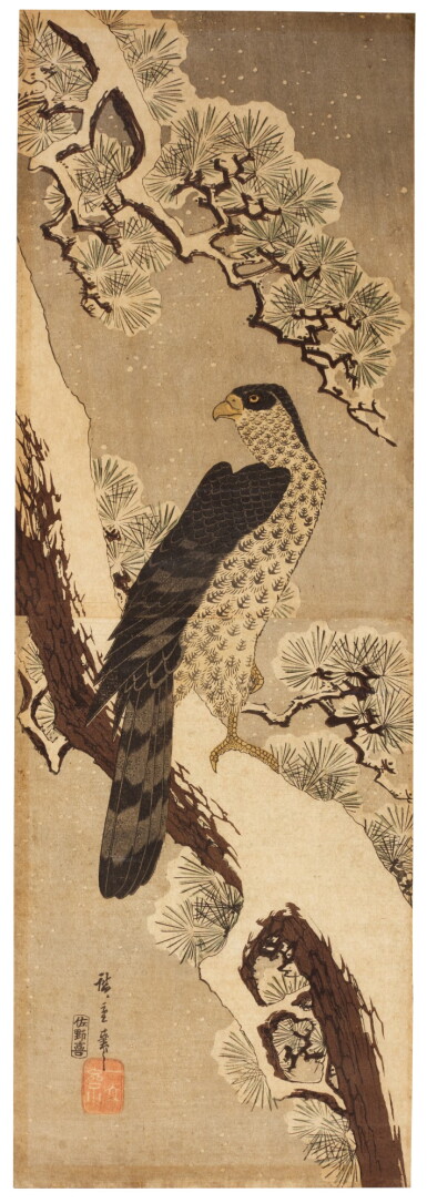 View full screen - View 1 of Lot 48. UTAGAWA HIROSHIGE (1797-1858) FALCON ON SNOW-DASHED COVERED PINE, EDO PERIOD (19TH CENTURY).