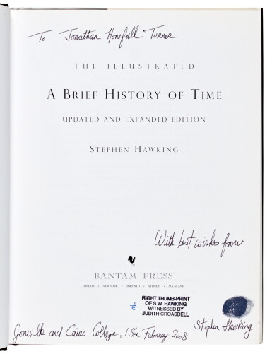 View full screen - View 1 of Lot 260. Hawking | The Illustrated A Brief History of Time, London, 1996, inscribed with the author's witnessed thumb-print.