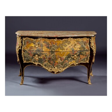 View full screen - View 1 of Lot 159. A LOUIS XV GILT BRONZE-MOUNTED CHINESE LACQUER AND EBONIZED WOOD COMMODE, THE CARCASE 18TH CENTURY, THE MOUNTS 19TH CENTURY, THE LACQUER PANELS PROBABLY ADDED IN THE 19TH CENTURY.