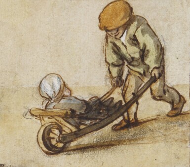 View full screen - View 1 of Lot 14. A boy pushing an infant in a wheelbarrow .