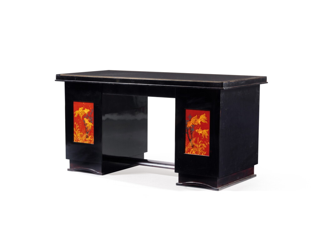 View full screen - View 1 of Lot 24. Truong Van Thanh studio (20th century), A black lacquer desk | Truong Van Thanh 工作室 (二十世紀), 漆木金魚紋書桌連靠背椅.
