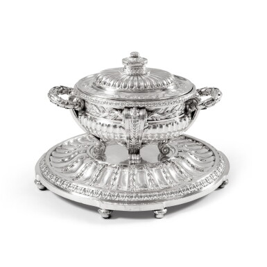 View full screen - View 1 of Lot 61. A French silver soup tureen, cover and stand, Jacques-Nicolas Roettiers, Paris, 1770-1771.