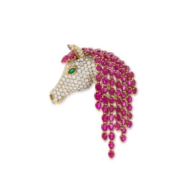 View full screen - View 1 of Lot 506. Ruby, emerald and diamond brooch, 1960s.