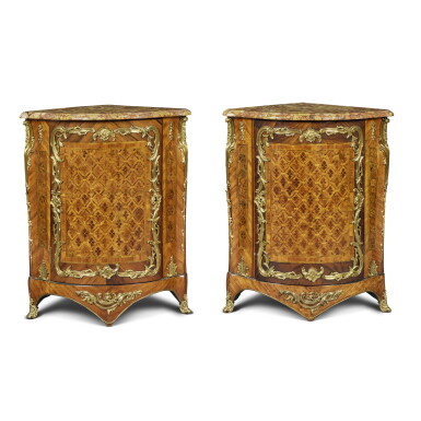 View full screen - View 1 of Lot 334. A Pair of Louis XV Gilt-Bronze Mounted Kingwood, Tulipwood, Amaranth and Stained Sycamore Parquetry Encoignures by Pierre-Antoine Foullet, Mid-18th Century.