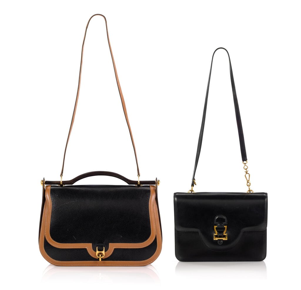 View full screen - View 1 of Lot 157. Noir Box Sandrine Gold Hardware, 1974 and Gold and Noir Leather Flap Bag Gold Hardware, 1978 (Una borsa Sandrine, 1974 e una borsa in pelle nera, 1978).