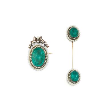 View full screen - View 1 of Lot 1. Emerald, seed pearl and diamond brooch and jabot.