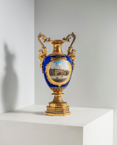 View full screen - View 1 of Lot 31. A Berlin (K.P.M.) porcelain blue-ground two-handled topographical vase, 'Victoria Vase', circa 1860-1870.