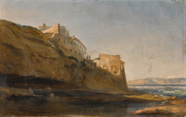 View full screen - View 1 of Lot 198. A costal landscape with a mediterranean town.