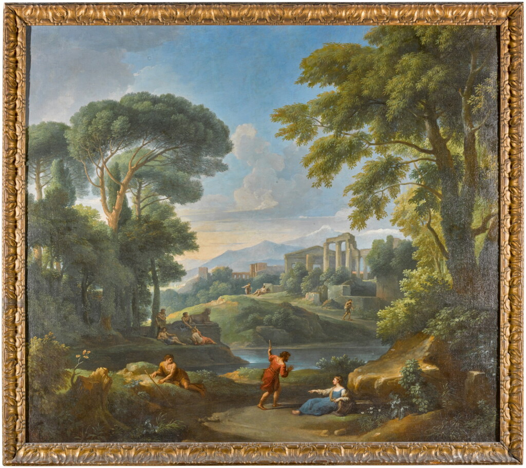 View full screen - View 1 of Lot 65. Classical landscape with shepherds and nymphs, classical ruins beyond.