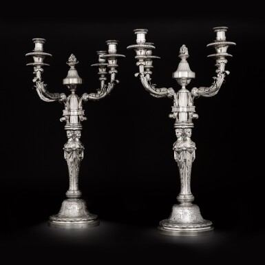 View full screen - View 1 of Lot 22. A monumental pair of George III silver candelabra, Paul Storr of Storr & Co. for Rundell, Bridge & Rundell, London, 1816.