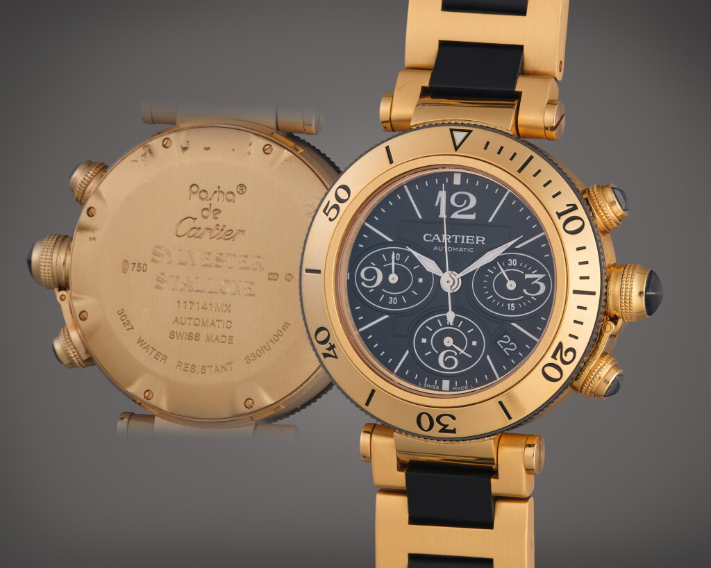 View full screen - View 1 of Lot 52. Reference W301970M Pasha Seatimer | A large yellow gold and ceramic chronograph wristwatch with date, Owned and Worn by Sylvester Stallone, Circa 2010.
