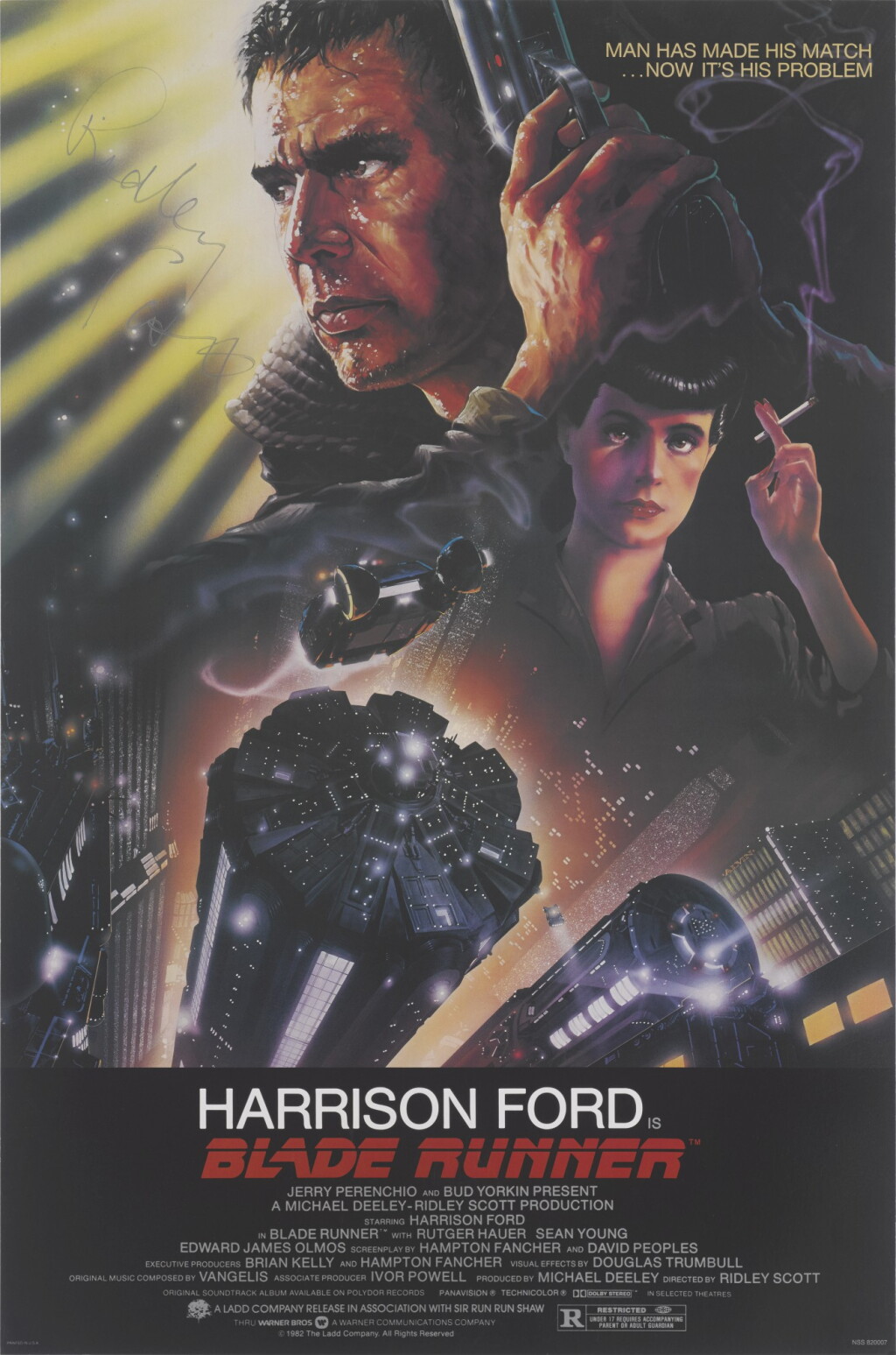 Voir en plein écran - Voir 1 du lot 33. BLADE RUNNER (1982) POSTER, US, SIGNED BY RIDLEY SCOTT.