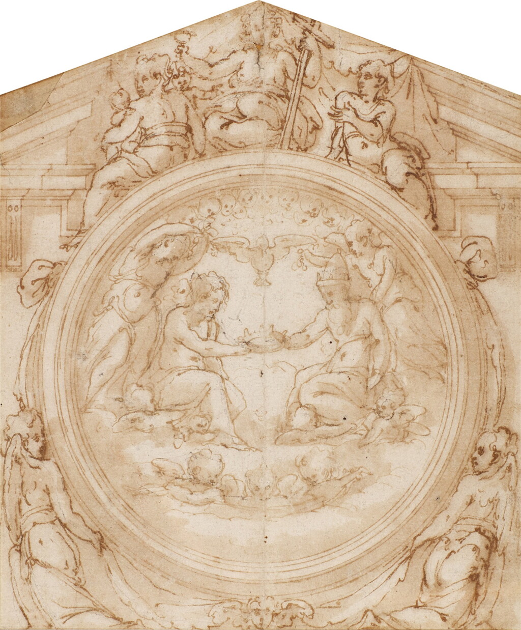View full screen - View 1 of Lot 84. Design for the upper section of an altarpiece with the Holy Trinity flanked by Angels surmounted by the Theological virtues in a pediment.