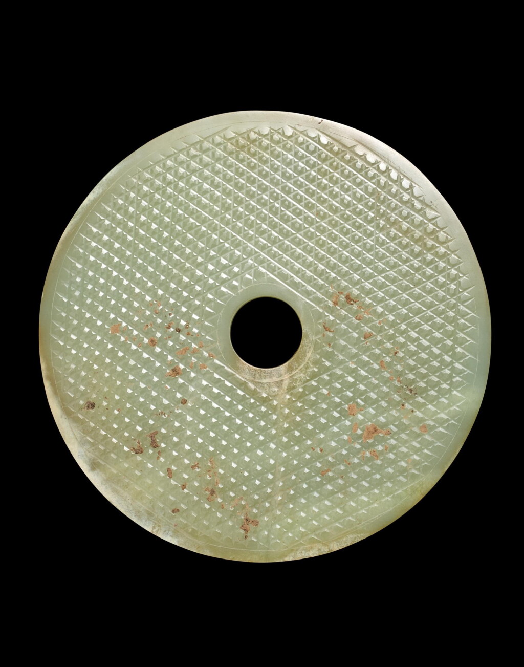 View full screen - View 1 of Lot 3756. A large celadon jade disc, bi, Eastern Zhou dynasty, Warring States period to early Western Han dynasty | 東周戰國至西漢初 青白蒲紋大玉璧.