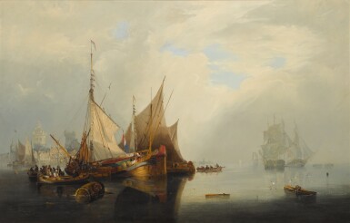 View full screen - View 1 of Lot 117. Shipping off a Dutch port town.