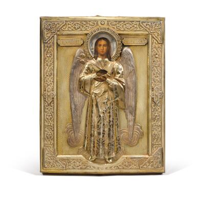 View full screen - View 1 of Lot 332. A parcel-gilt silver icon of the archangel Gabriel, Vasily Semenov, Moscow, 1890.