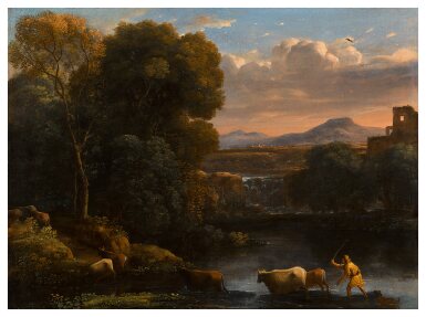 View full screen - View 1 of Lot 130. Italianate landscape with a drover and his dog driving his cattle across a ford, a waterfall beyond.