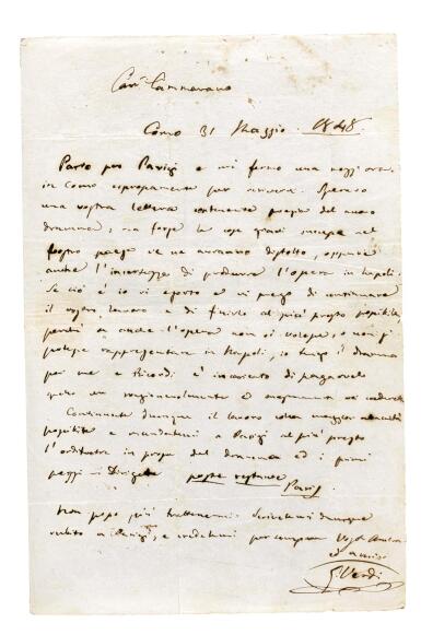 View full screen - View 1 of Lot 89. G. Verdi. Autograph letter to the librettist Salvadore Cammarano, 1848.