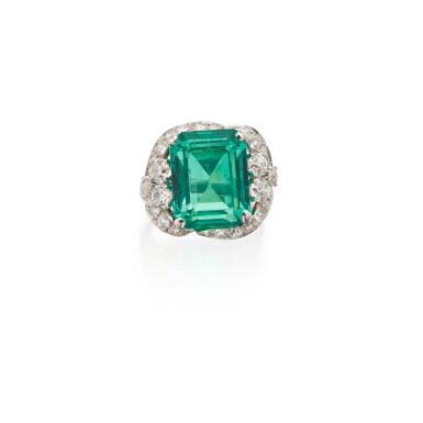 View full screen - View 1 of Lot 244. Emerald and Diamond Ring.
