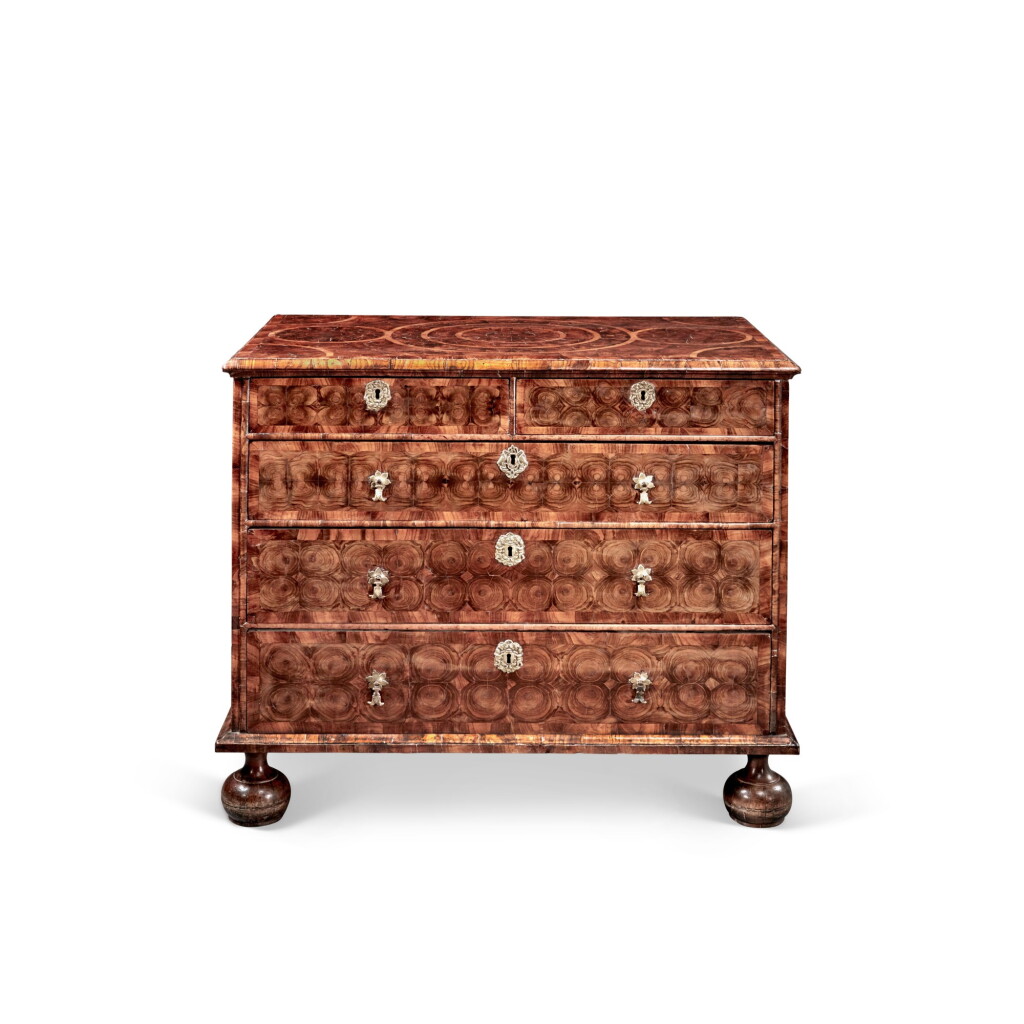 View full screen - View 1 of Lot 21. William and Mary Oyster Veneer Olivewood, Walnut and Elm Chest of Drawers, Circa 1685.
