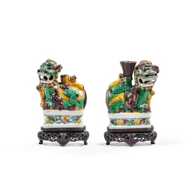 View full screen - View 1 of Lot 723. Two sancai-glazed 'lion' incense holders, Qing dynasty, Kangxi period.