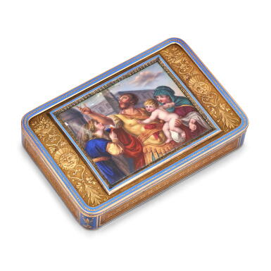 View full screen - View 1 of Lot 1078. A two-coloured gold and enamel snuff box, Jean Obicker, Hanau, circa 1805.