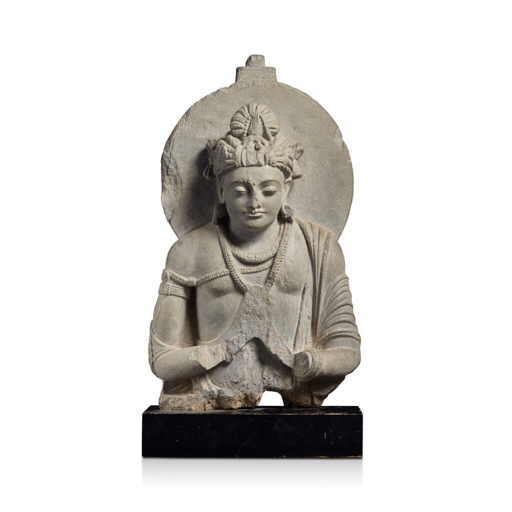 View full screen - View 1 of Lot 144. A fragmentary gray schist figure of a turbaned bodhisattva, Ancient region of Gandhara, 3rd / 4th century .
