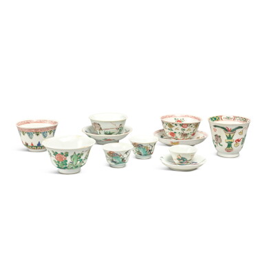 View full screen - View 1 of Lot 1380. A group of famille-verte cups and saucers, Qing dynasty, 17th - 19th century | 清十七至十九世紀 五彩杯及小盤一組十一件.