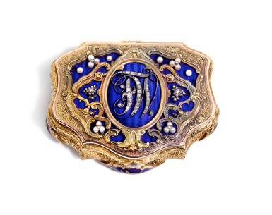 View full screen - View 1 of Lot 128. A JEWELLED TWO-COLOUR GOLD AND ENAMEL ROYAL PRESENTATION SNUFF BOX, CHARLES COLINS & SÖHNE, HANAU, CIRCA 1845.