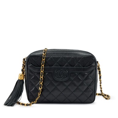 View full screen - View 1 of Lot 164. Black Quilted Caviar Timeless CC Tassel Pocket Camera Bag Gold Hardware, 1991-1994.