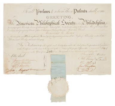 View full screen - View 1 of Lot 135. Benjamin Franklin | American Philosophical Society membership certificate for a French colleague of Franklin.