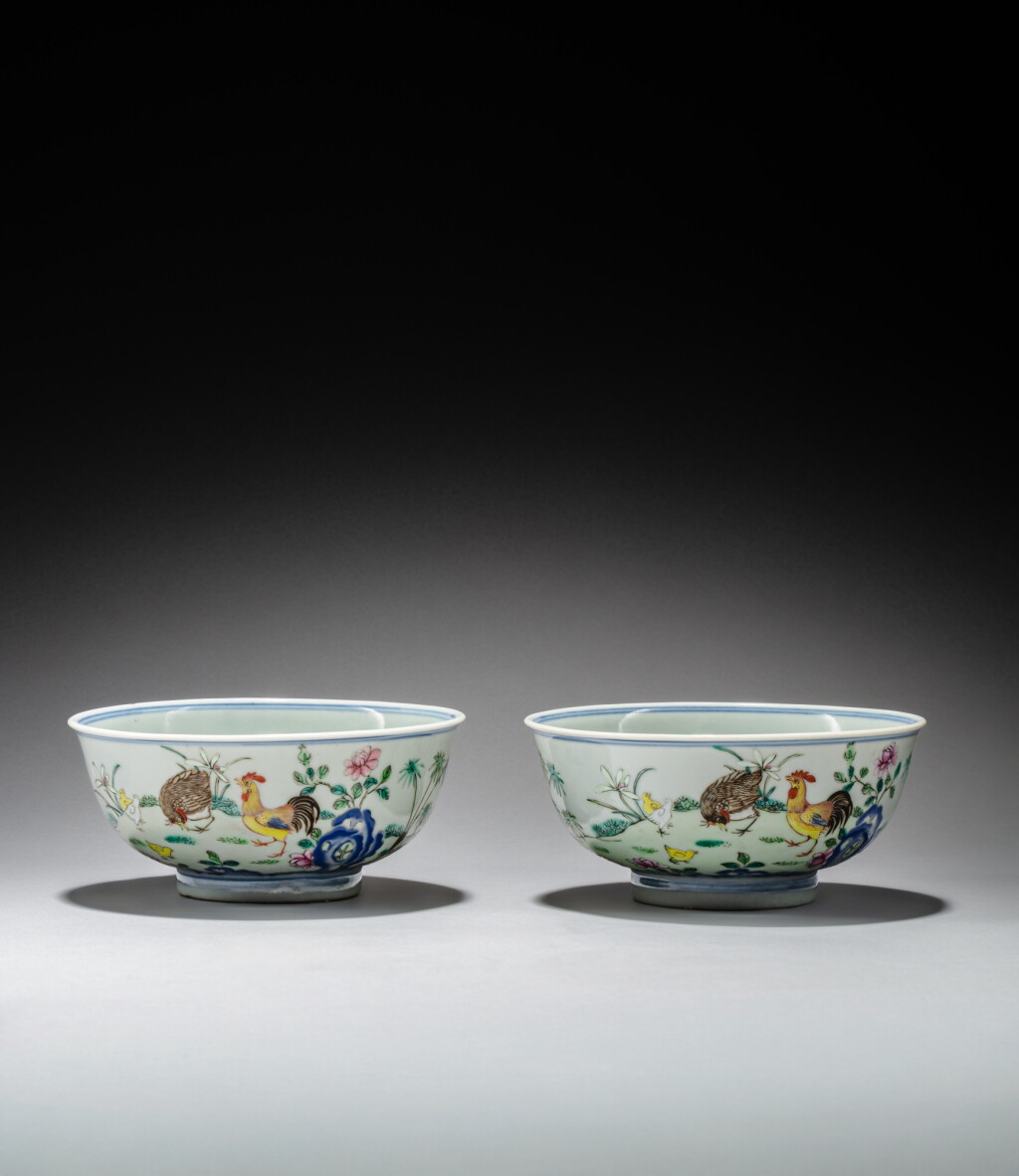 View full screen - View 1 of Lot 73. A pair of famille-rose 'chicken' bowls, Qing dynasty, 18th / 19th century .