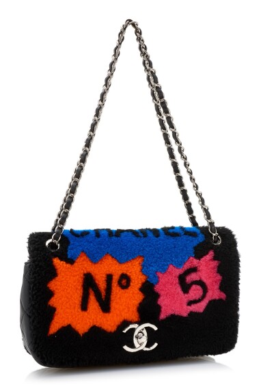 View full screen - View 1 of Lot 123. SHEARLING AND LEATHER POP ART N.5 SILVER TONE-CLASSIC SHOULDER BAG, CHANEL.