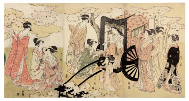 View full screen - View 1 of Lot 568. Hosoda Eishi (1756-1829) | Lady in a court carriage and attendants viewing cherry blossoms | Edo period, late 18th century.