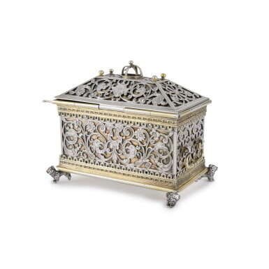 View full screen - View 1 of Lot 93. A Continental Parcel-Gilt Silver Marriage Casket with Concealed Opening and Erotic Scene, Circa 1840, with 17th Century Elements.