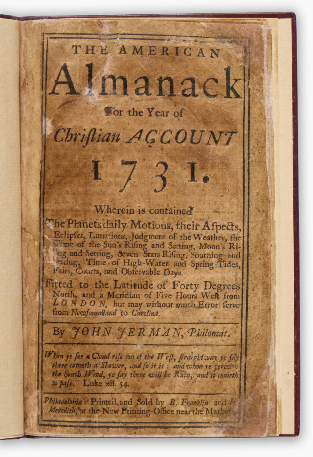 View full screen - View 1 of Lot 6. John Jerman | The American Almanack ... for 1731 — the only known copy in private hands.