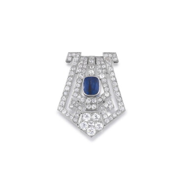 View full screen - View 1 of Lot 50. Broche saphir et diamant | Sapphire and diamond brooch.