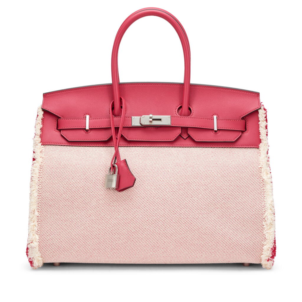 View full screen - View 1 of Lot 149. Limited Edition Framboise Swift Ecru and Toile Fray Fray Birkin 35 Palladium Hardware, 2021.