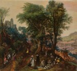 A wooded landscape with an elegant company picnicking and a fortress beyond | Waldlandschaft mit einer eleganten Gesellschaft beim Picknick und einer Burg im Hintergrund