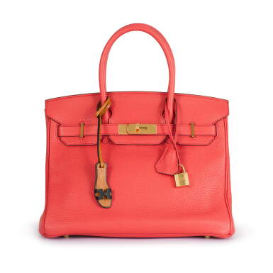 View full screen - View 1 of Lot 32. Rouge Pivoine Clemence Birkin 30 Gold Hardware, 2015 and Oran Bag Charm Nano, 2020.