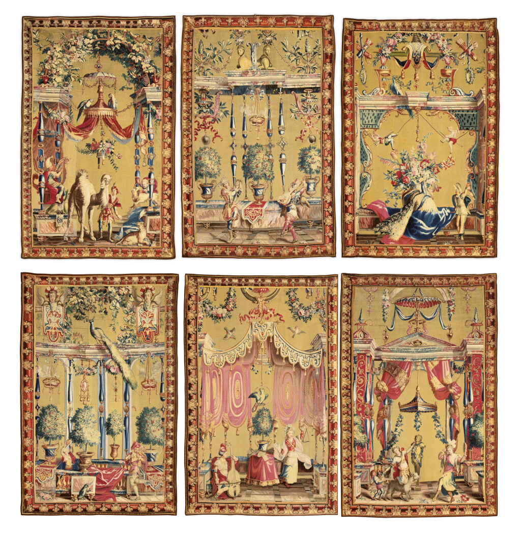 View full screen - View 1 of Lot 28. Six fragments of "Grotesques" tapestries, royal manufacture of Beauvais, early 18th century | Six fragments de la tenture des Grotesques, manufacture royale de Beauvais, début XVIIIe siècle.