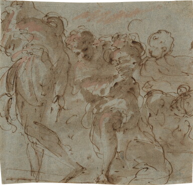 View full screen - View 1 of Lot 734. Recto: A study of three figures and a putto Verso: Figures in a rocky landscape.